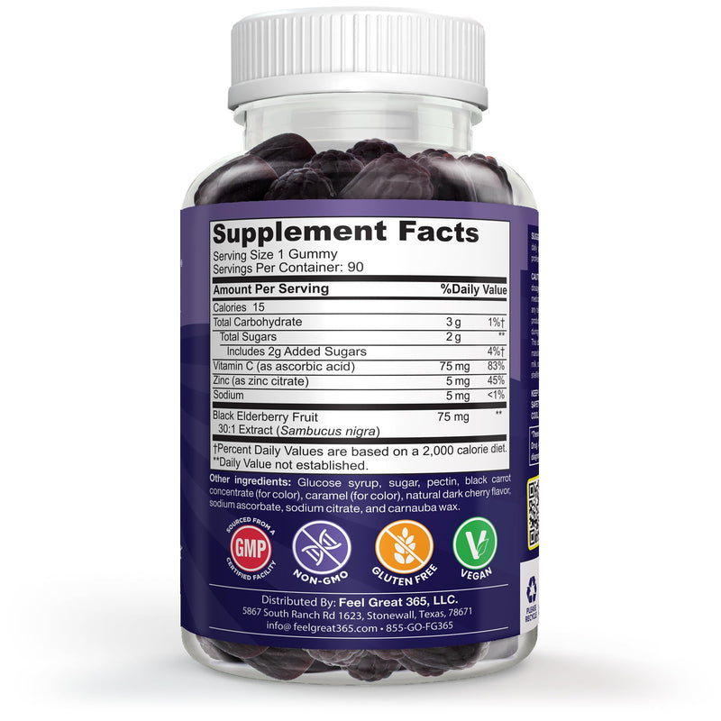 Feel Great Kids Elderberry Gummies, Vitamin C & Zinc, Immune, 90ct, 2 Pack | Triple Immune Support Formula, Vitamin C & Zinc, Vegan Elderberry Gummy for Winter Wellness 90 Count - 2 Pack