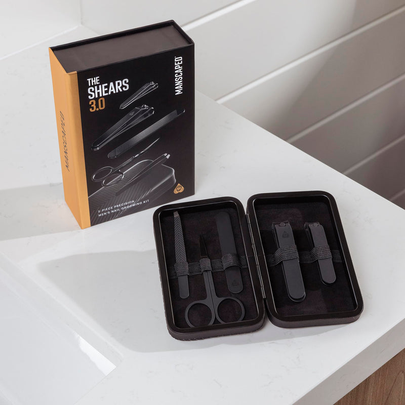 MANSCAPED® Shears 3.0, 5-Piece Precision Men’s Nail Grooming Travel Kit, Stainless Steel Manicure Set with Fingernail & Toenail Clippers, Nail File, Slant Tip Tweezers, Cuticle Scissors, Travel Case The Shears 3.0