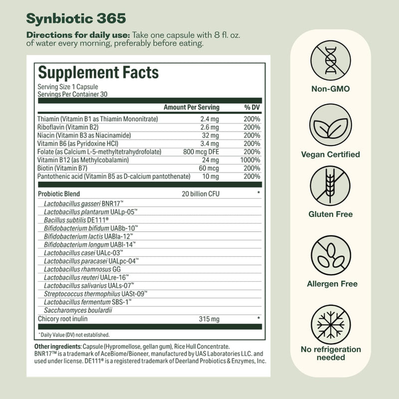 Synbiotic 365 Triple Action Prebiotics and Probiotics for Women & Men | Supplement with B Vitamins, Biotin & Niacin | Gluten Free, Non-GMO & Vegan | 20 Billion CFU | 30 Servings