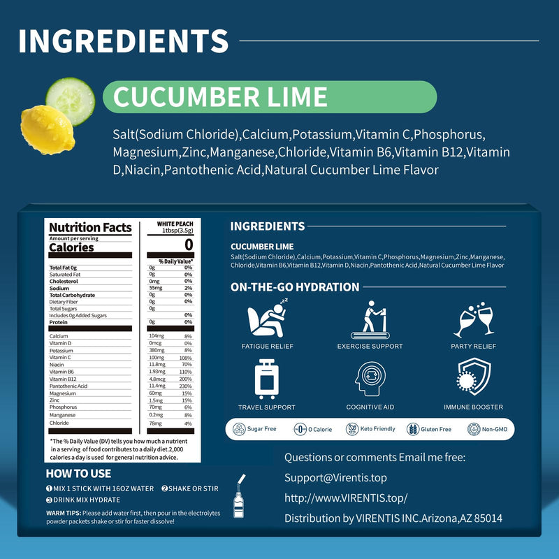 16 Sticks Electrolytes Powder Packets Sugar Free Hydration Packets Liquid Daily IV Electrolyte Drink Mix for Rehydration with 8 Electrolytes & 6 Vitamins, Low Sodium, Cucumber Lime