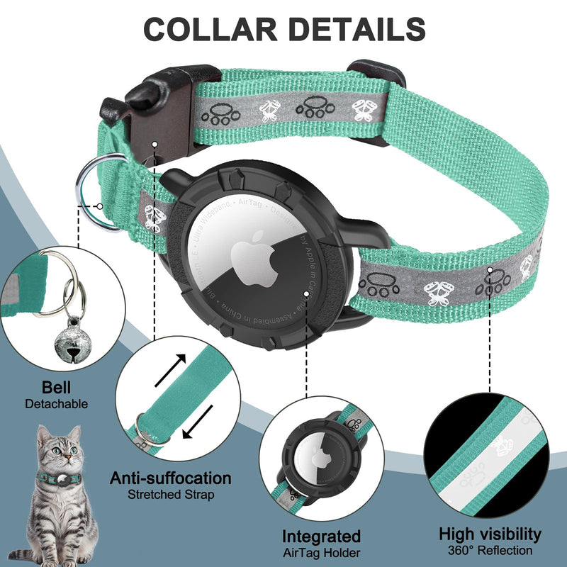Reflective AirTag Cat Collar, Integrated Cat Tracker Collar with Air Tag Holder and Bell, Safety Elastic Band Cat GPS Collars for Girl Boy Cats, Kittens and Puppies (Green,S) S(9"-13") Green - BeesActive Australia