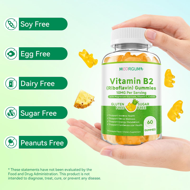 Vitamin B2 Gummies, 10mg Riboflavin Supplement for Kids & Adults, with Magnesium Glycinate, CoQ10 and Vitamina C, for Women and Men, Energy, Immune Wellness & Cellular Health Support, 60 Count 60 Count (Pack of 1)
