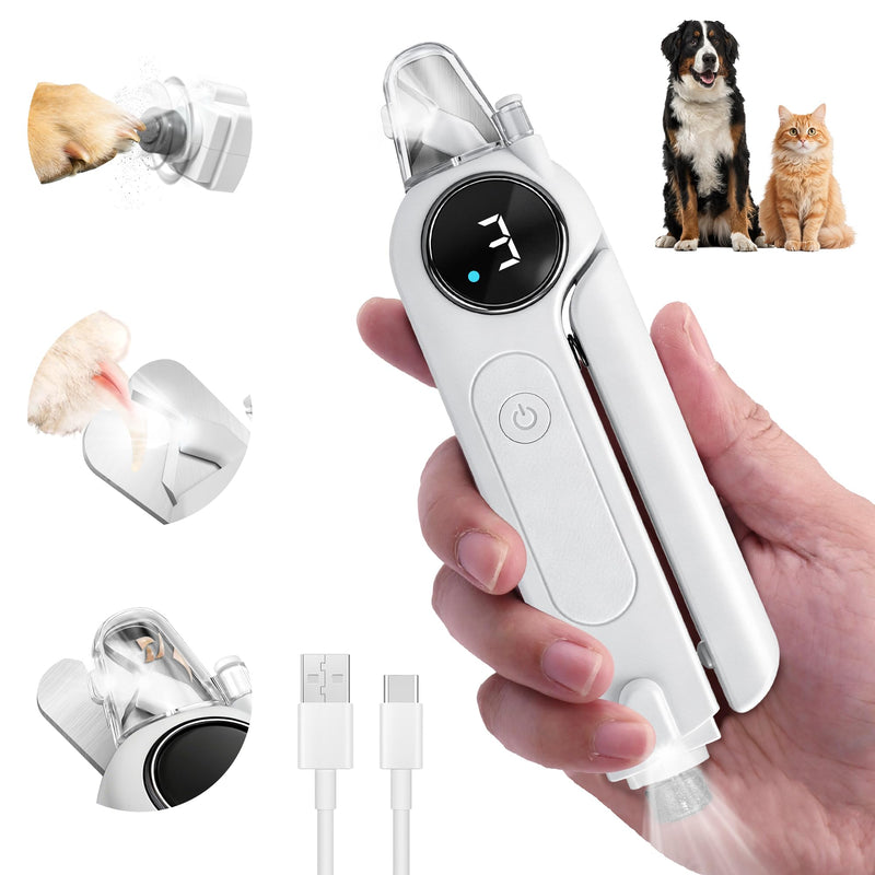 2-in-1 Dog Nail Clippers & Grinder with Light, Quiet Electric Pet Nail Trimmer for Large Medium Small Dogs & Cats, 3 Speeds, Rechargeable, Splash Guard & Safety Lock, Painless Grooming Tool (White) - BeesActive Australia