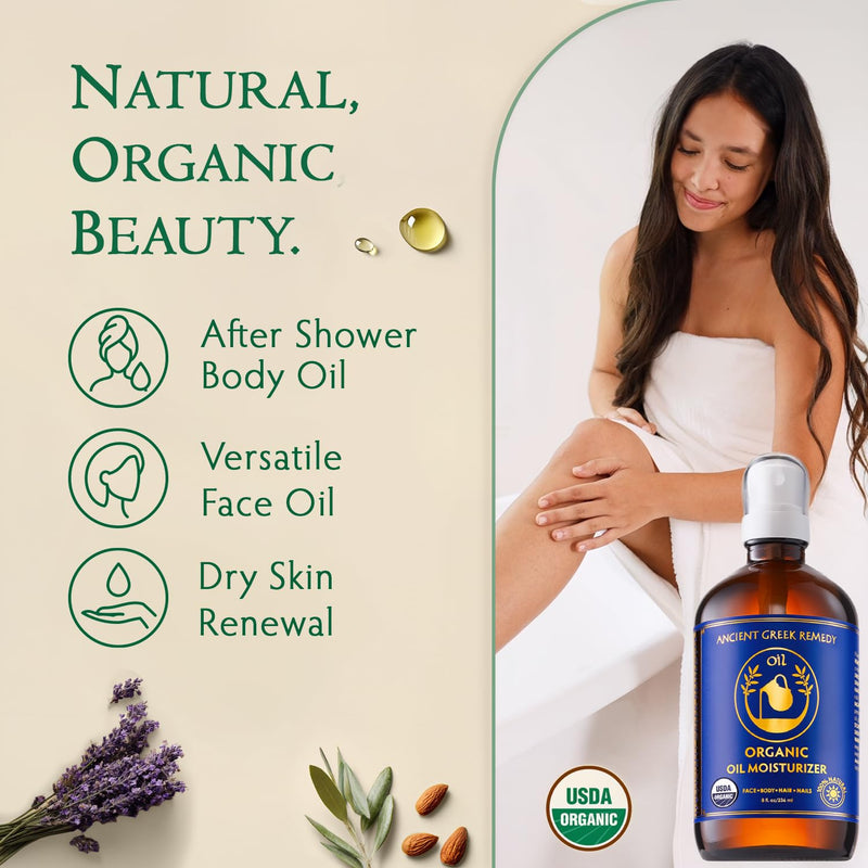 Organic Body & Face Oil for Dry Skin, Natural After Shower Moisturizer 8oz | Hydrating Cold Pressed Blend of Almond, Olive, Jojoba, Rosehip, Vitamin E & Lavender Oils, Scented Facial & Body Oil 8 Fl Oz (Pack of 1)