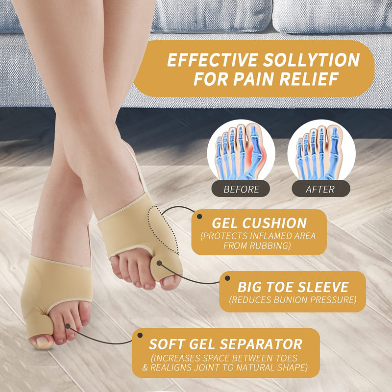 KTSAY 2PCS Bunion Corrector for Women & Men, Big Toe Straightener with Splint & Pads, Comfortable & Breathable for Day/Night Support, Hallux Valgus Pain Relief Non-Slip Socks (2, Beige) 2