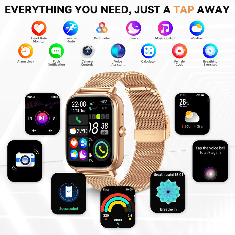 Smart Watch for Women Men- 1000mAh Battery Answer/Make Call, Fitness Step Tracker Watch with Sleep Monitor/Activity Counter/110+ Sport Mode for Andriod iPhone iOS Compatible - 3 Straps, Golden 1.83 Modern - BeesActive Australia