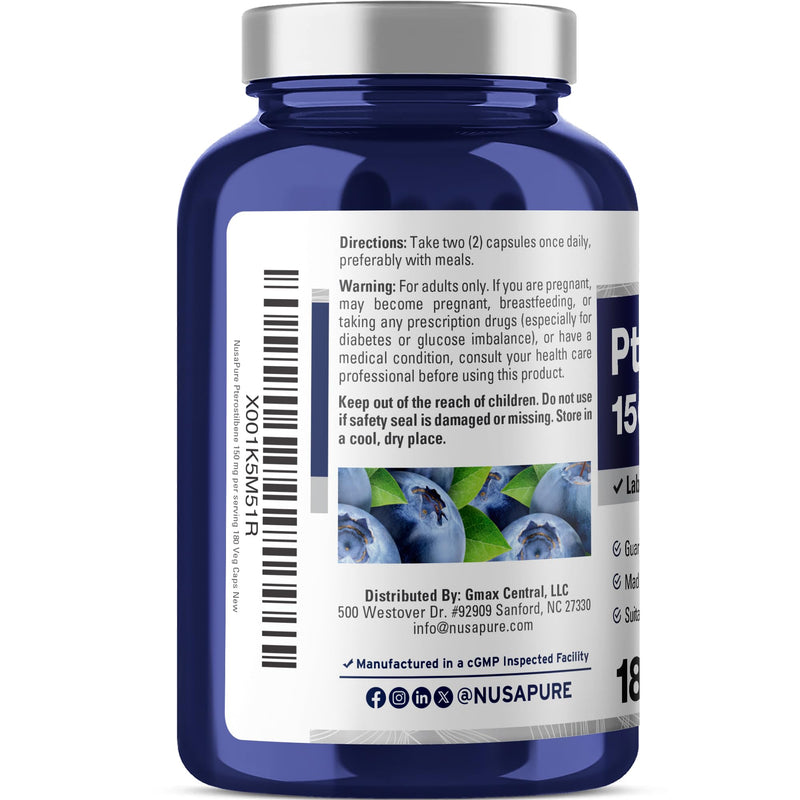 Pterostilbene, Non-GMO, Vegan, 150mg, 180 Veggie Capsules - 90 Servings | Dietary Supplement, Plant Based Formulation, Suitable for Adults, Manufactured in cGMP Registered Facility USA