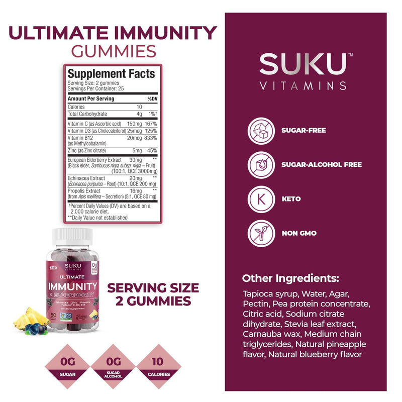 SUKU Vitamins - Ultimate Immunity - Elderberry Echinacea and Propolis Gummies for Immune Support, Easy to Chew - Non GMO, Gluten Sugar Free - Pomegranate Lime Flavored Gummy Vitamins, 50 Count