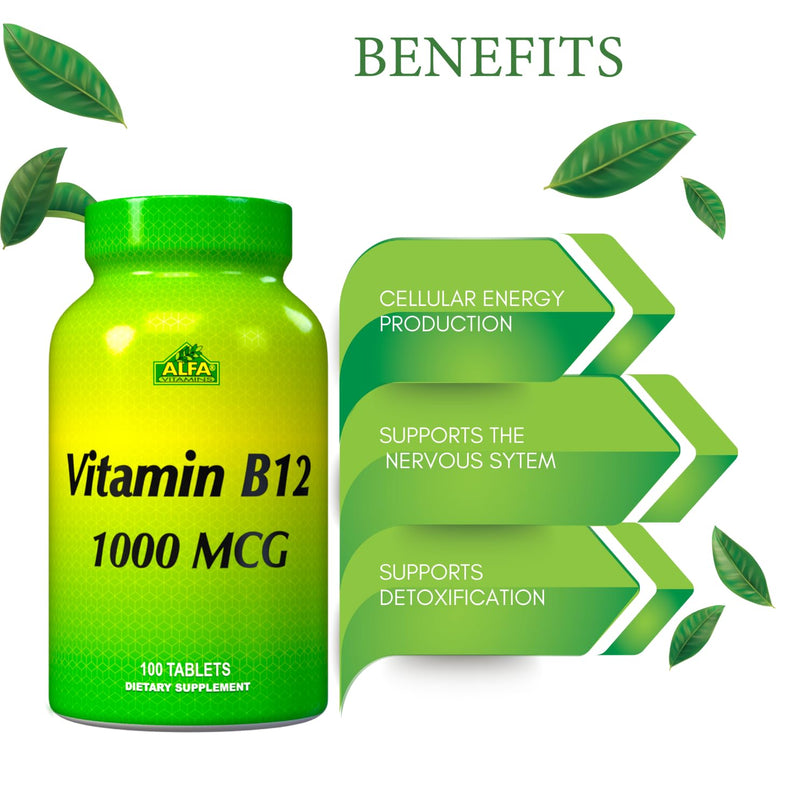 ALFA VITAMINS Vitamin B12 1000 Mcg 100 Tablets. Immune System. Nerves and Brain Health. Metabolism