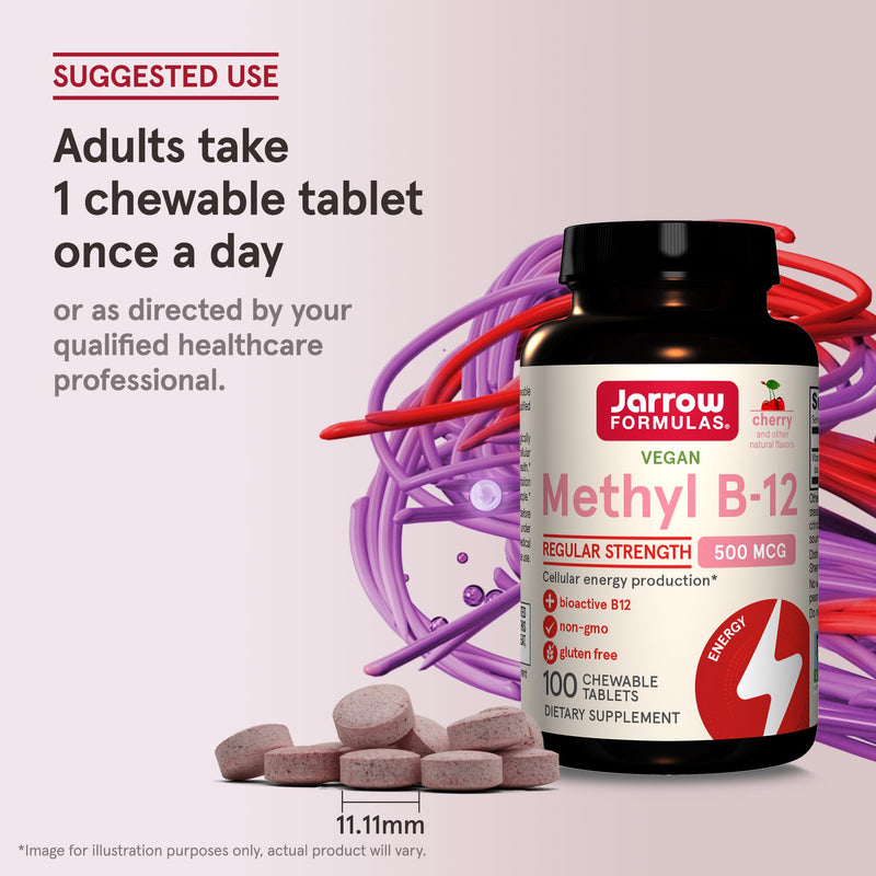 Jarrow Methyl B-12 Chewable Tablets 500 mg, Vitamin B12 Supplements, 100 Ct | Dietary Supplement for Cellular Energy Production and Brain Health Support, Cherry Flavor Chewable Tablets, 100 Day Supply 100 Count (Pack of 1)
