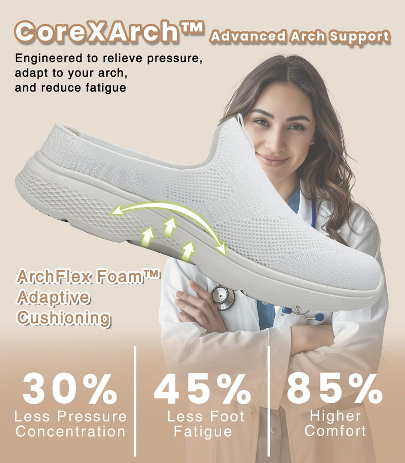 Women's Orthopedic Slip-On Mules Sneakers for Plantar Fasciitis Easy Off Recovery Backless Knit Comfortable Lightweight with Arch Support Walking Shoes for Travel, House & Office 8.5 White