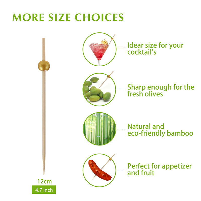 200 Pcs Cocktail Picks, 4.7 Inch Toothpicks for Appetizers, Bamboo Cocktail Sticks Skewers for Drinks, Desserts, Charcuterie, Wedding Party Fancy Toothpicks, Gold Pearl Mini Food Picks Decorative 200 Pcs Gold - BeesActive Australia