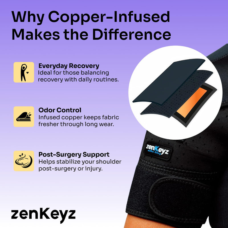 ZENKEYZ Shoulder Brace for Men & Women - Size L/XL (Chest 38-50") - Black/Copper - Copper-Infused Compression Sleeve & Rotator Cuff Support - Adjustable Strap with Ice/Heat Pocket - Sturdy Arm Sling for Joint Stability Copper Infused Black - BeesActive Australia
