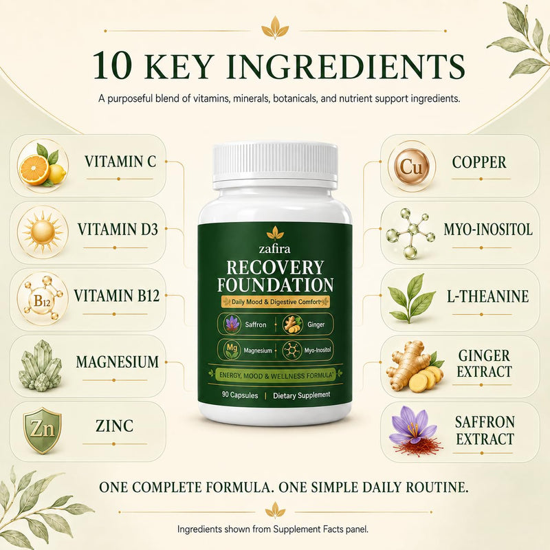Zafira Organics Botanical Nutrient Blend Supplement, 90 Capsules | With saffron extract, myo-inositol, ginger extract, magnesium and L-theanine for balanced mood, focus and digestive comfor