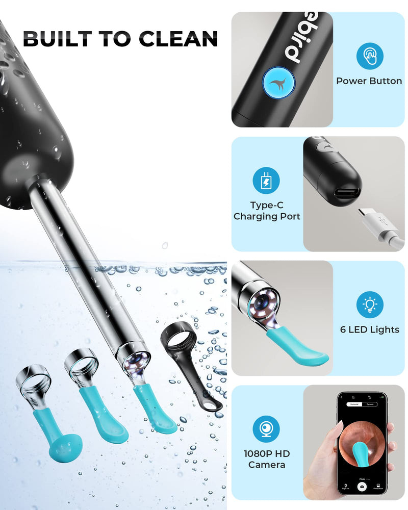 Ear Wax Removal Tool Camera, R1 Upgraded Anti-Fall Off Eartips Ear Cleaner, Wireless Otoscope with 1080P Waterproof Ear Camera, Earwax Removal Kit for iPhone, Android, Black - BeesActive Australia
