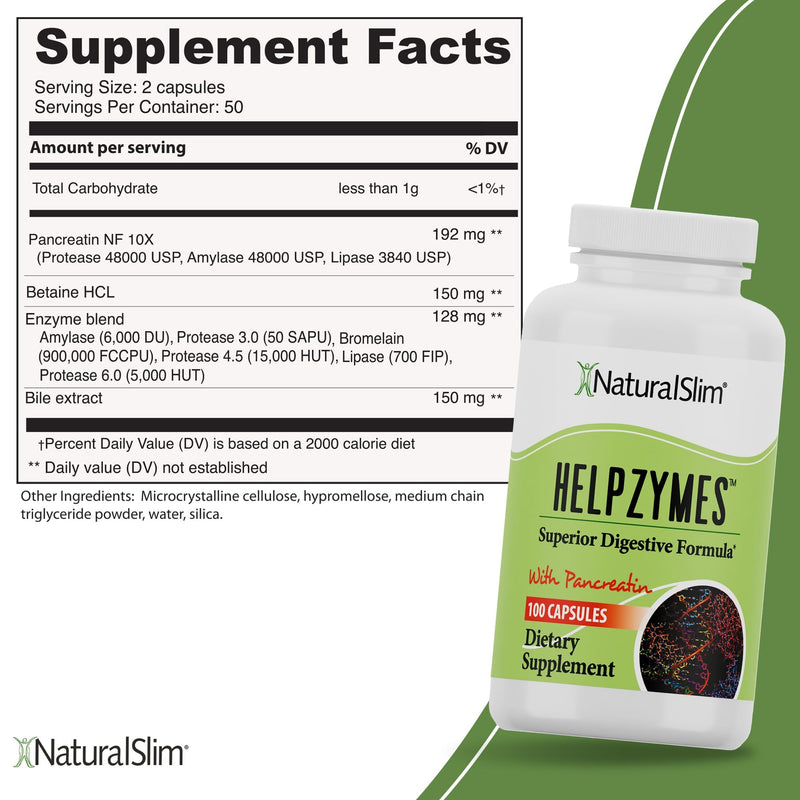 NaturalSlim Digestive Enzymes for Women & Men - Helpzymes Essential Enzymes for Digestion, Gut Health, Gas Bloating Relief with Bromelain, Ox Bile, Pancreatin. & Betaine HCL - 100 Capsules Solo 1