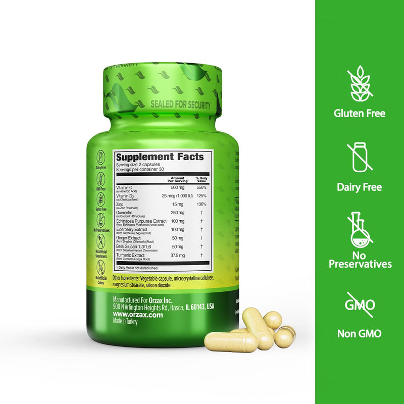 ORZAX 9 in 1 Immune Defense Supplement High Strength Vitamin C & D with Zinc, Quercetin, Turmeric & Ginger, Echinacea Capsules - Herbal Defense for Immune System Support - 60 Veg Capsules 60 Count (Pack of 1)