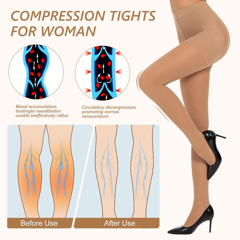 MANZI 2 Pairs Compression Pantyhose for Women Shaping Black Tights 10-15mmHg Support 50D Opaque Stockings Black + Natural X-Large