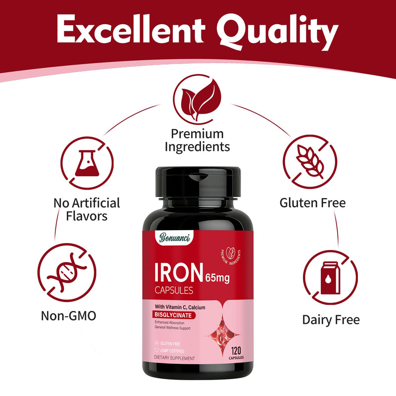 Iron Supplement - Iron 65mg High Absorption Iron Bisglycinate with Vitamin C, Calcium, Gentle Iron Pills for Women Men - Non GMO & Gluten Free, Stomach Friendly, 120 Capsules 120 Count (Pack of 1)