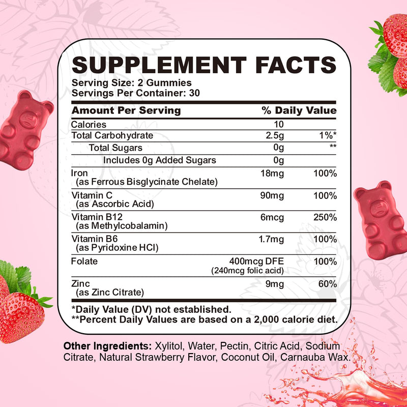 2 Pack Iron Gummies with Multivitamin, Iron Supplement for Women & Men with Folate, Zinc & Vitamin C, B12, B6 for Adults & Kids - Blood Builder & Energy Support for Iron Deficiency - 120 Gummies Strawberry 60 Count (Pack of 2)