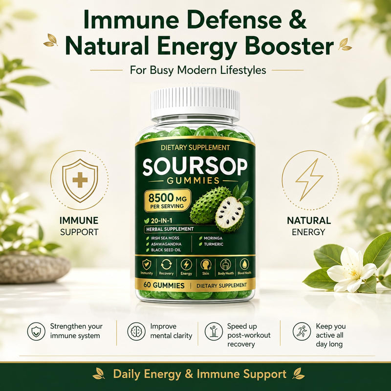 Soursop Gummies with Graviola Leaf Extract, Vitamin C & Zinc - Immune Support, Antioxidant & Calming Relief - Non-GMO, Sugar Free, Gluten Free, Vegan, 60 Count