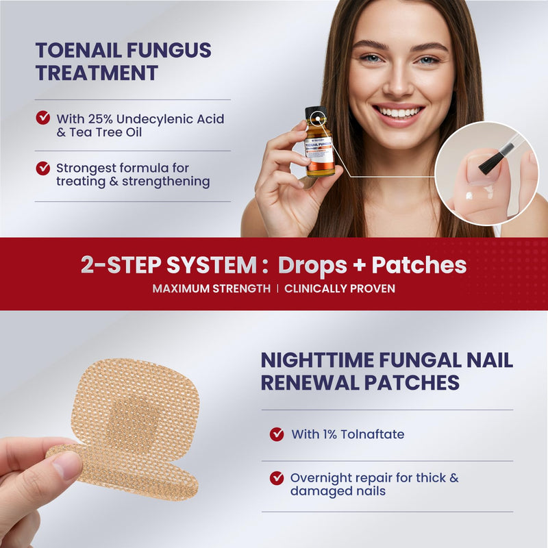 Treatonic Toenail Fungus Treatment Kit: Extra Strength Antifungal Nail Repair Solution with 25% Undecylenic Acid (30 mL) & 32 Nighttime Renewal Patches - Repairs Damaged & Restores Discolored Nails 2 Bottles + 32 Patches