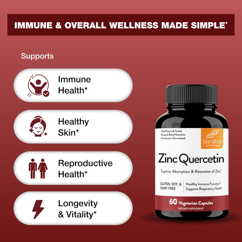 Zinc Quercetin Supplements 60 Vegetarian Capsules for Men & Women | Zink Supplement for Immune & Antioxidant Support cGMP Made in USA Pack of 1 By Sandhus 60 Count (Pack of 1)