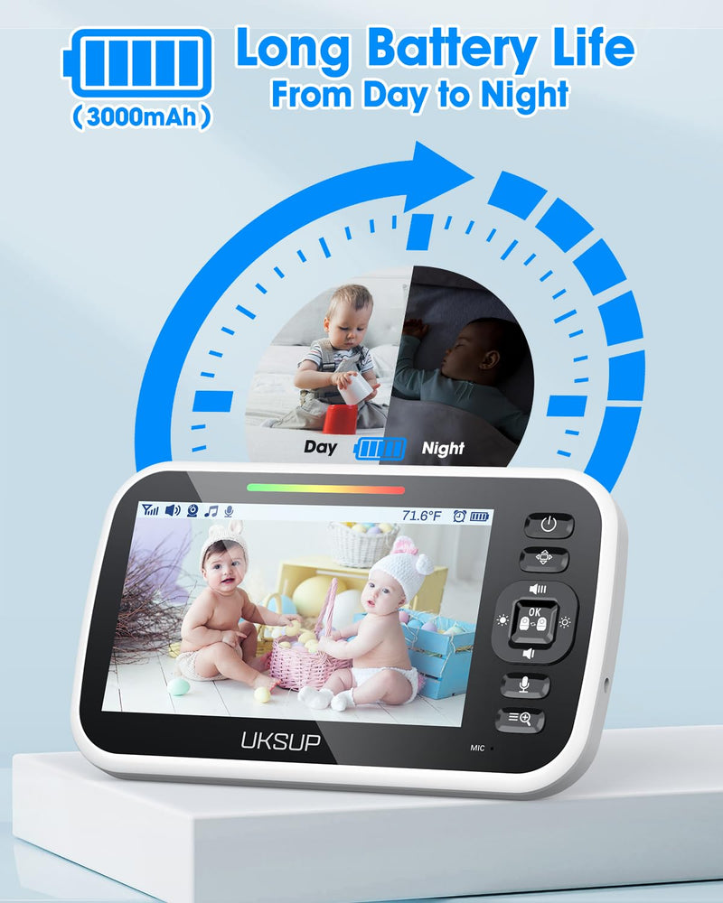 Baby Monitor with Camera and Audio - 5” Display Video Baby Monitor with 29 Hour Battery Life, Remote Pan & Tilt, 2X Zoom,Auto Night Vision, 2 Way Talk, Temperature Sensor,Lullabies,960 Feet Range 1 Camera - BeesActive Australia