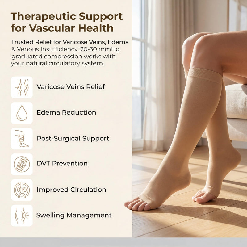 MGANG® 20-30 mmHg Compression Stockings for Men and Women, 2 Pairs Medical Compression Socks, Knee High Length, Open Toe, Opaque, Support Hose for Varicose Veins, Oedema, Swelling, Beige Medium 1 Pair Beige + 1 Pair Beige - BeesActive Australia