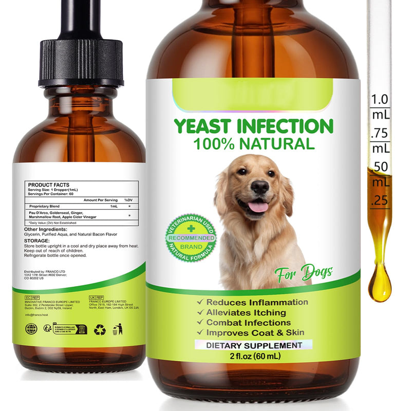 Yeast Infection Treatment for Dogs, 60ml Natural Dog Yeast Infection Treatment Drops for Itchy Skin Relief, Inflammation Relief, Improves Coat & Skin