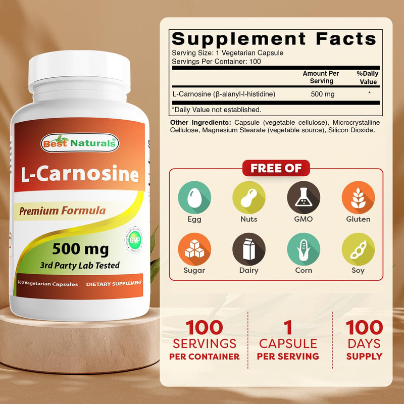 Best Naturals L-Carnosine 500 mg 100 Vcaps (100 Count (Pack of 2)) 100 Count (Pack of 2)