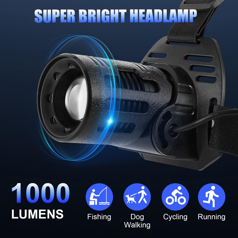 Headlamps USB Rechargeable LED Head Lamp, Multi-Color Lights, Wave Induction,Ultra Bright1000Lumen Headlamp,Zoomable, HeadLamps for Fishing Hiking Outdoors & Hard Hat Light Camping Gear