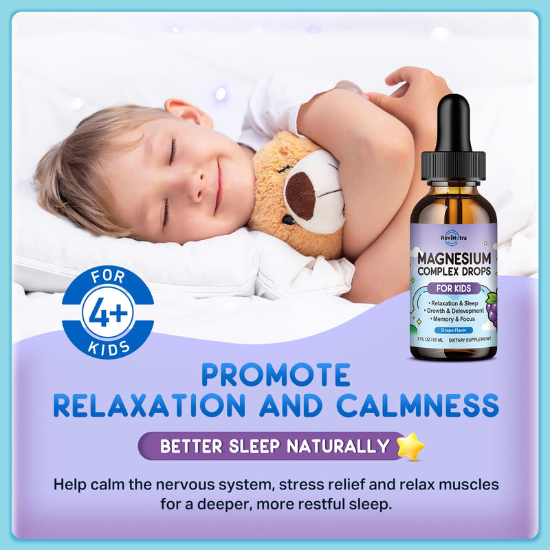 (2 Pack) Magnesium Glycinate Liquid for Kids, Kids Magnesium Liquid Drops Supplement with L-Theanine, Calcium, Zinc, Vitamin D3 K2 for Sleep Calm Relaxation Brain Bones Focus, Grape Flavor 4 Fl Oz 2 Fl Oz (Pack of 2)