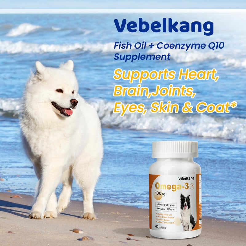 Fish Oil for Dogs-Promotes Heart, Skin, Coat, & Immune Health，Fish Oil containing EPA, DHA, and Coenzyme Q10, Suitable for All Dog Breeds， All Natural Supplement for Pets-60 Counts 1 bottle