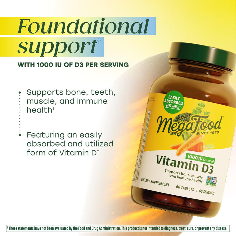 MegaFood Vitamin D3 1000 IU (25 mcg), Bone & Immune Health, 90 Tablets | Vitamin D3 Daily Support for Bone, Teeth, Muscle & Immune Health, Plus Real Food, Non-GMO, Vegetarian, 90 Servings 90 Count (Pack of 1)
