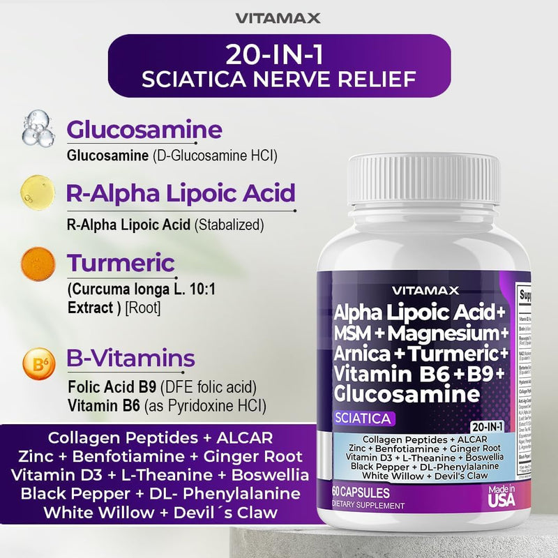 Sciatic Nerve Health Support - Sciatic Nerve Supplement Capsules with Folic Acid, Pea, Glucosamine, MSM, Vitamin B Complex, Alpha Lipoic Acid 300mg – 60ct – Made in USA 60 Count (Pack of 1)
