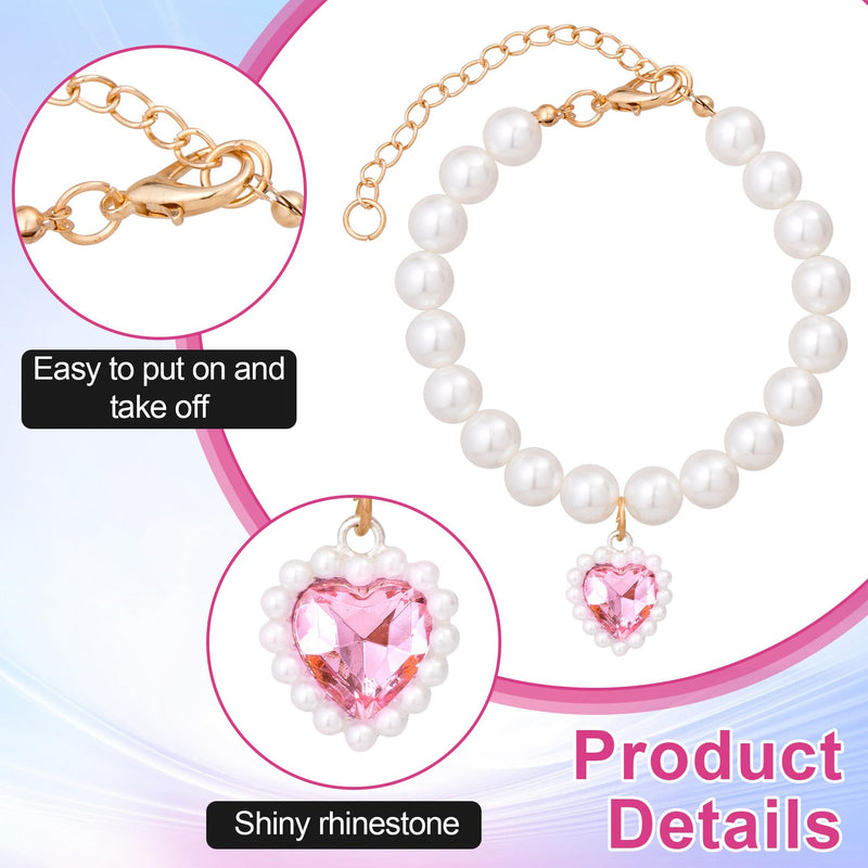 Cat Pearl Collar with Heart Pendant, Cute Pearl Pet Necklace in Medium, Adjustable Wedding Party Small Dog Jewelry Accessories for Puppy Kitten- Pink - BeesActive Australia