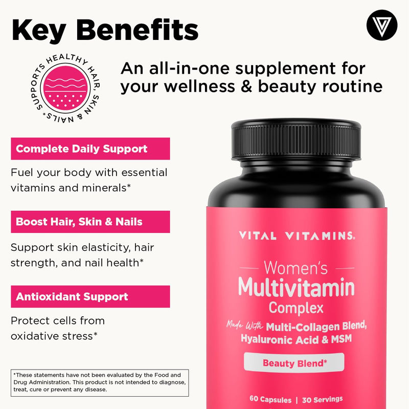Vital Vitamins Women's Multivitamin Complex with Collagen & Hyaluronic Acid | 25 Vitamins and Minerals, Multi-Collagen Blend, Hyaluronic Acid & MSM for Hair, Skin & Nails, 60 Capsules