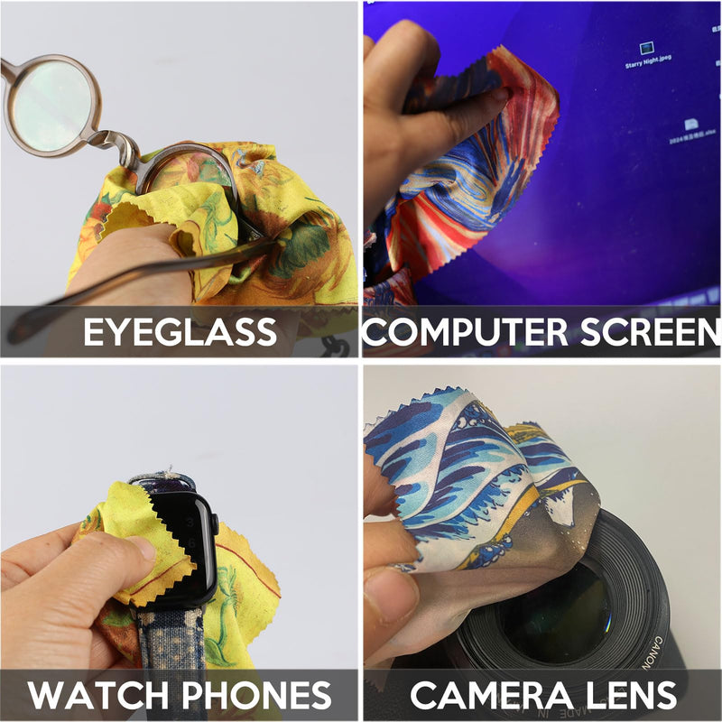 Glasses Cleaning Cloth, Microfiber Eye Glass Clean Cloths Cleaner Keychain for Eyeglasses, Screens, Camera Lenses-World Classic Art Design Double Sided Printing 4PC Blue