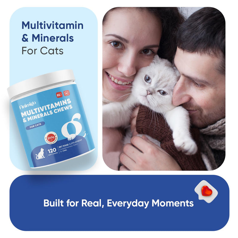 animigo Multivitamins and Minerals for Cats - 120 Soft Chews - With 18 Vitamins & Minerals - Easy to Chew & Gentle Formulation - Suitable For All Breeds - Lactose-Free & Soy-Free
