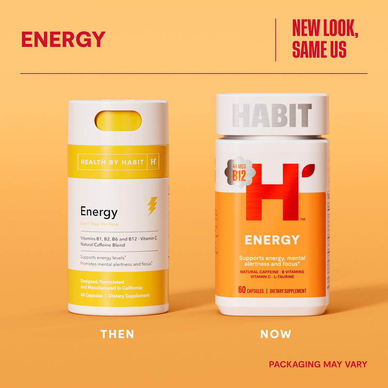 Habit Energy Supplement (60 Capsules) - New Look, Supports Energy, Alertness and Focus, Natural Caffeine, Vitamins B & C, Green Tea Extract, Vegan, Non-GMO (1 Pack) 1 Pack