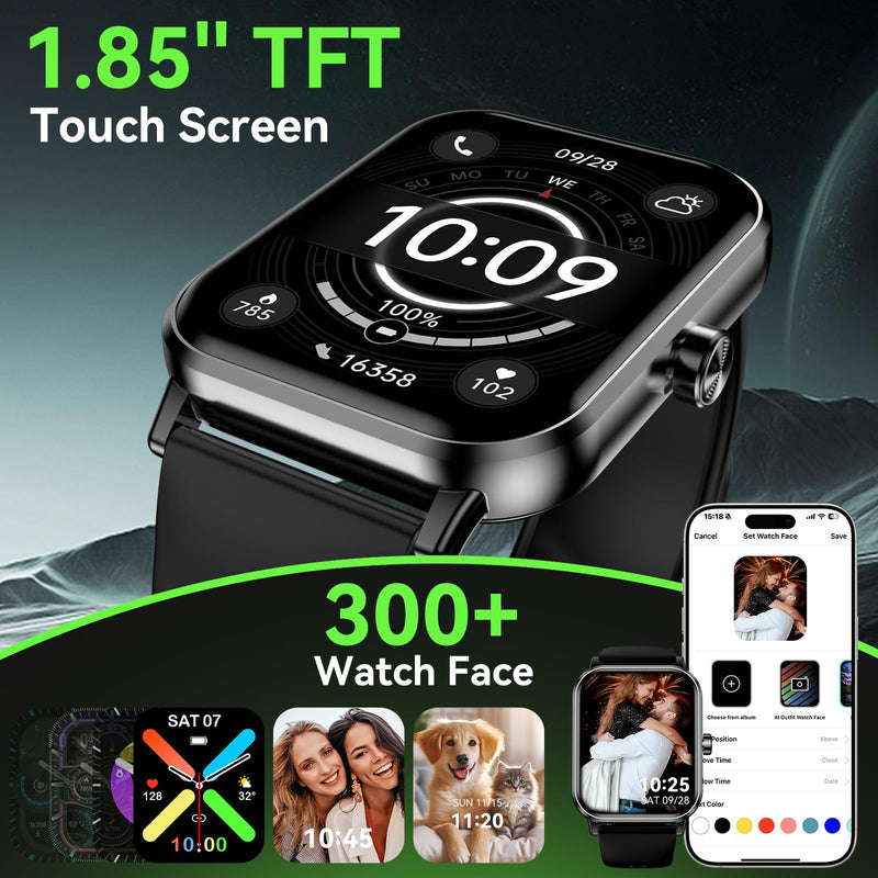 Smart Watch for Men Women, 1.85" HD Fitness Tracker with Bluetooth Calls, 5 ATM Waterproof, 130+ Sport Modes, 24/7 Heart Rate/Sleep Monitor, Pedometer, Calories, Smartwatch for Android iOS (Black) Black
