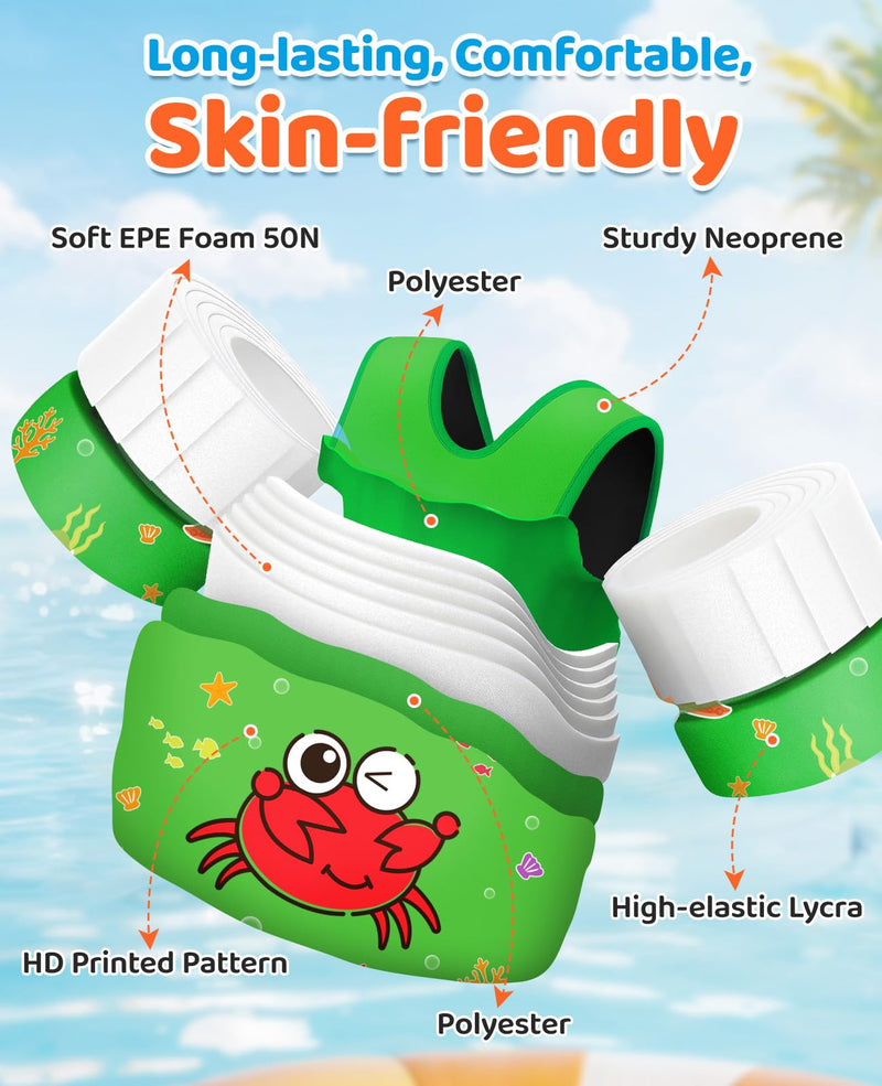 HeySplash Swim Vest for Kids, Toddler Pool Floaties Fit 33-66 Lbs, Children Swimming Vest with Adjustable Strap, Swim Jacket Water Wing Arm Float, Puddle Beach Boat Jumper Boy Girl, Green Crab Y-33-66lbs Green - BeesActive Australia