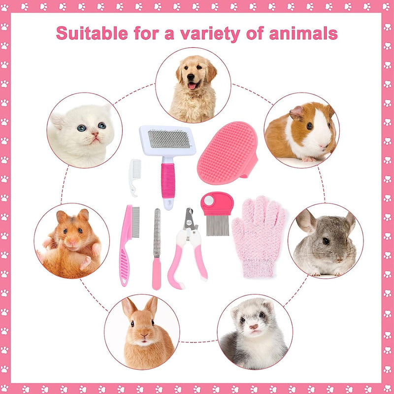 MIAOZ Rabbit Grooming Set with Nail Clippers and Trimmer Pet Hair Remover Long and File, Flea Comb, Shampoo Bath Brush for Rabbits Puppies Kittens Guinea Pigs Ferrets Small Animals (Pink) Pink - BeesActive Australia