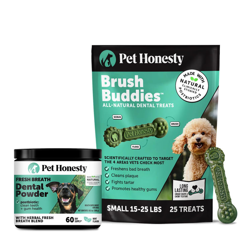 Pet Honesty Dog Dental Care Virtual Bundle – Breath Freshener Dental Powder for Large Dogs (60 Servings) + Brush Buddies Dental Sticks for Small Dogs (25 Ct) – Teeth Cleaning, Plaque & Breath Support