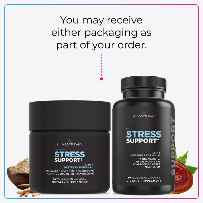 Livingood Daily Stress Support Supplement with Ashwagandha, 60 Capsules | 12-in-1 Calming Vitamins for Healthy Cortisol Levels, Adaptogenic Herbs, Reishi Mushroom, Vitamin B6, Magnesium, Made in USA