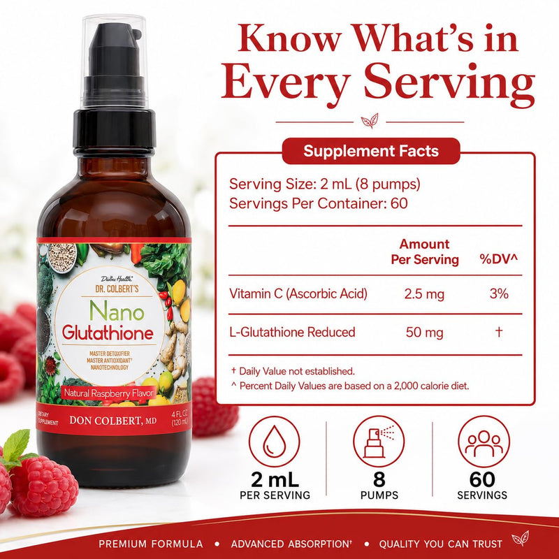Dr. Colbert, MD Nano Reduced L-Glutathione Liquid Spray | Raspberry Flavor | by Divine Health | Nanonization | Superior Absorption | Includes Vitamin C | Sugar Free | 60 Servings | 4oz