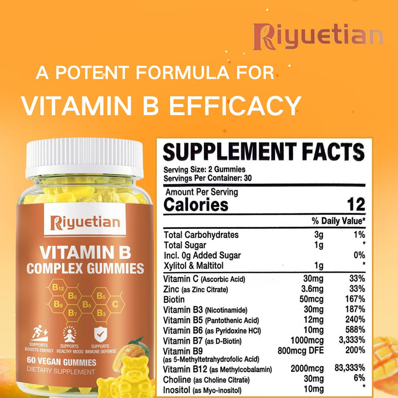 Vitamin B Complex Gummies with Biotin,Choline + Inositol, Vitamin C + Zinc for Supports Energy, Brain, Mood, Immune, Healthy Hair, Skin - Natural Mango Flavor - Vegan Diet - 120 Vegan 60 Count (Pack of 2)