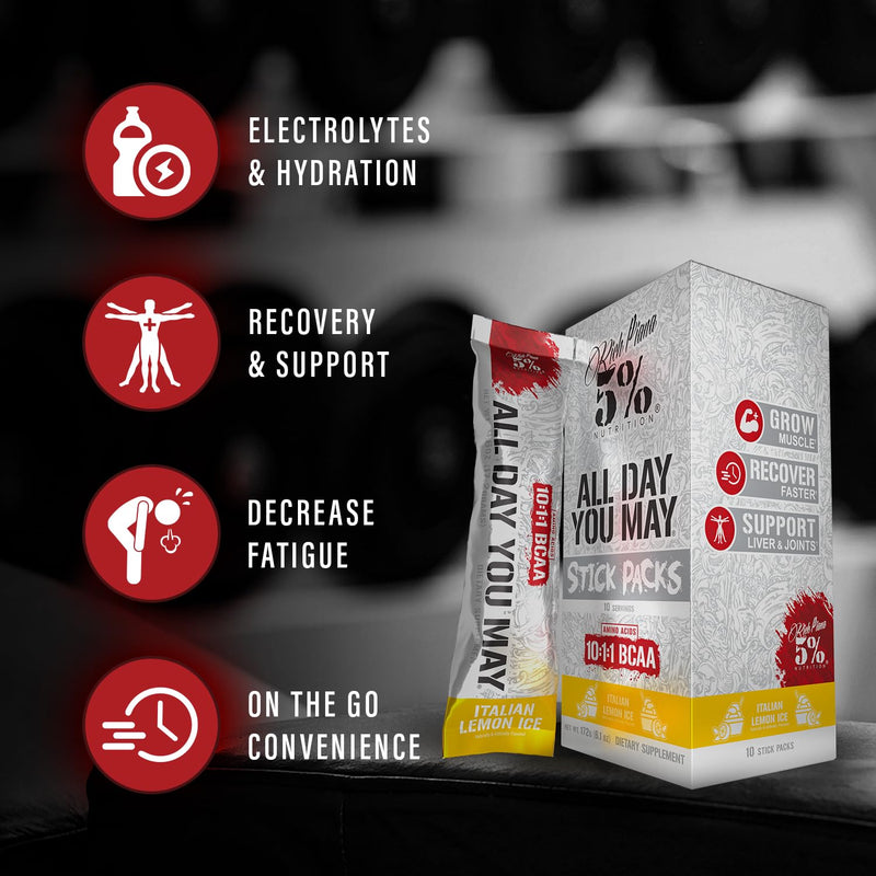 5% Nutrition Rich Piana AllDayYouMay BCAA Powder Stick Packs | Premium Intra & Post Workout Amino Acids, EAA, Electrolytes for Endurance, Hydration, Muscle Recovery (Italian Lemon Ice) (10 Count) Italian Lemon Ice (Non-Caffeinated)