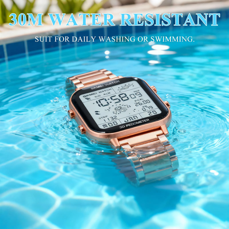 SKMEI Watch for Men Square Dial 3D Pedometer Sports Digital Watch with 50M Waterproof Luminous Countdown Stopwatch Dual Time Display Alarm 1888-Rose Gold - BeesActive Australia